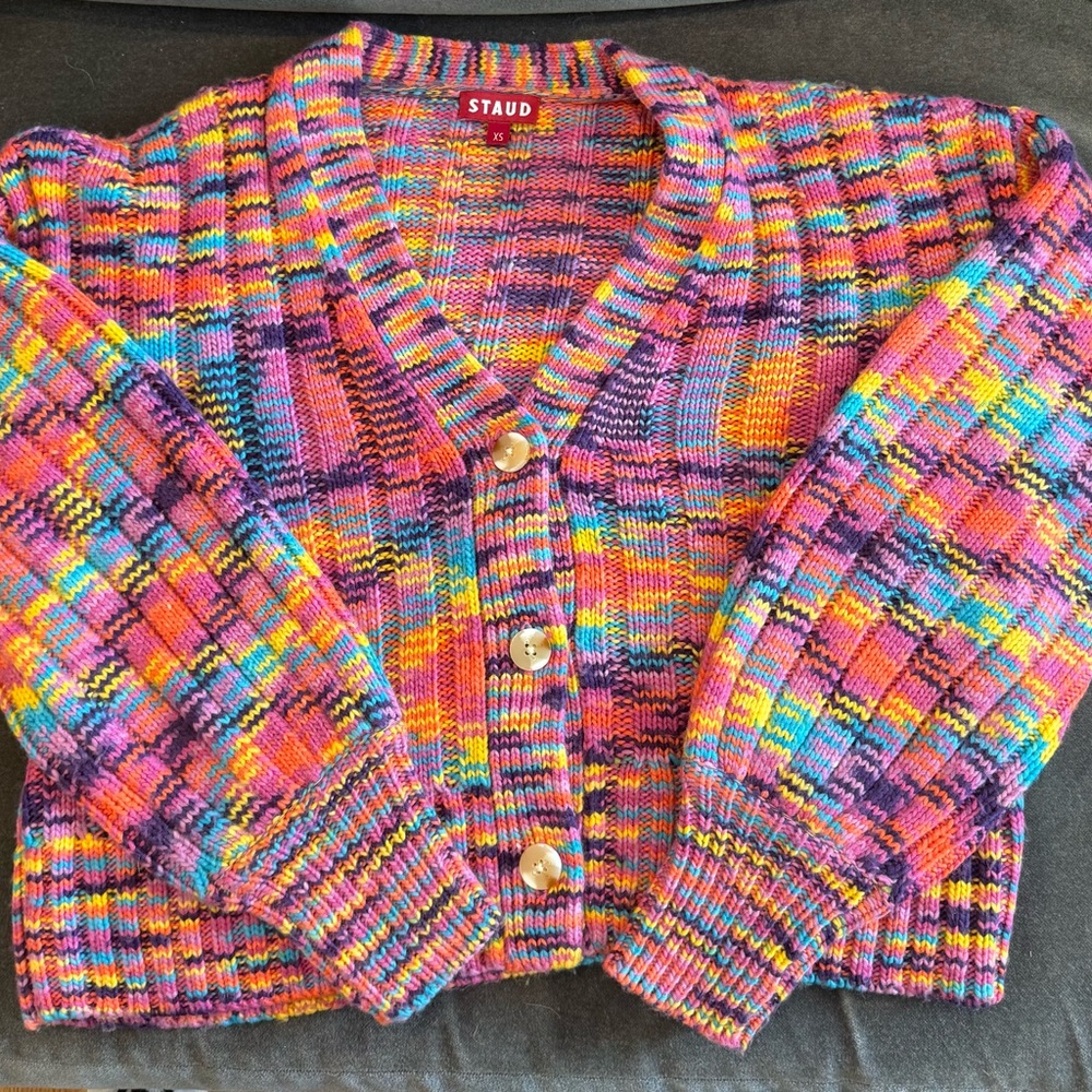 STAUD Red and Pink Cardigan Sweater with Mosaic Pattern